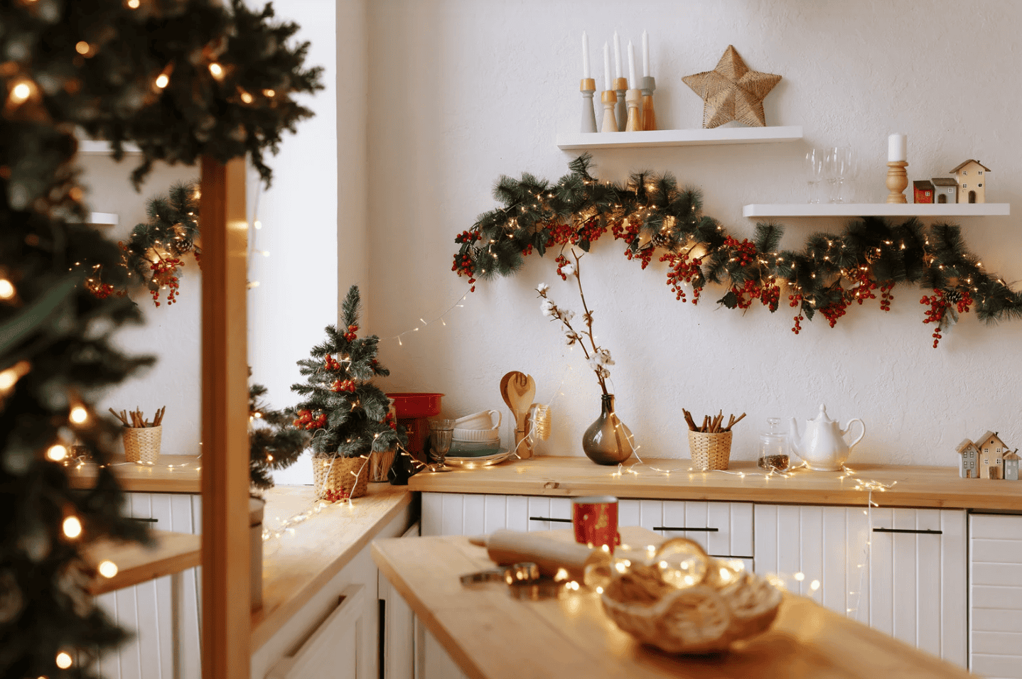 kitchen with lights and decorations