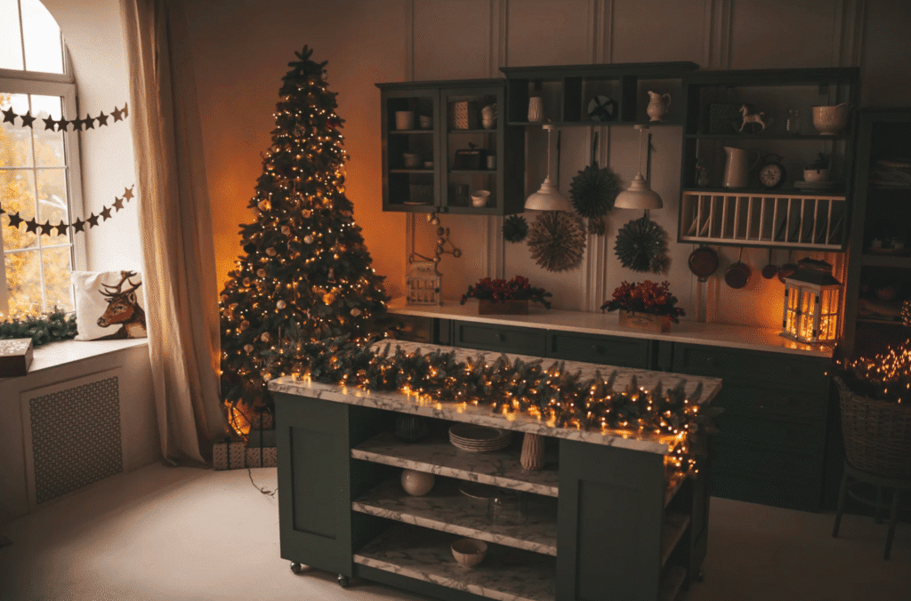christmas tree in kitchen with decorations