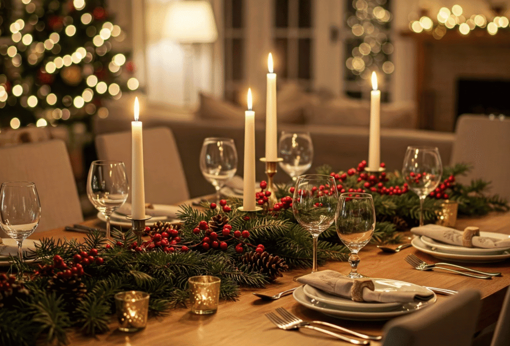 wooden dining table decorated for christmas