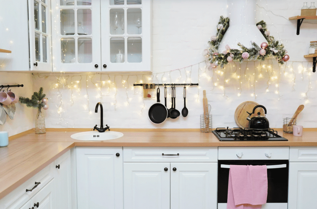 white kitchen with simple christmas decor