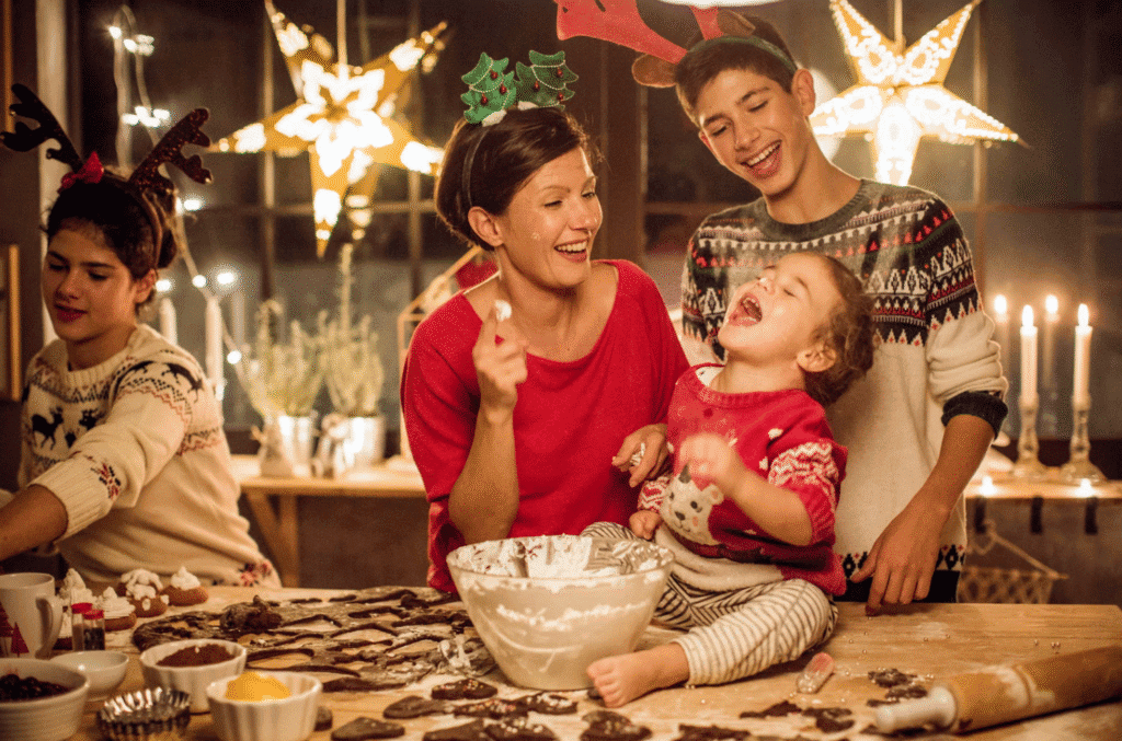 christmas baking with a family in a kitchen