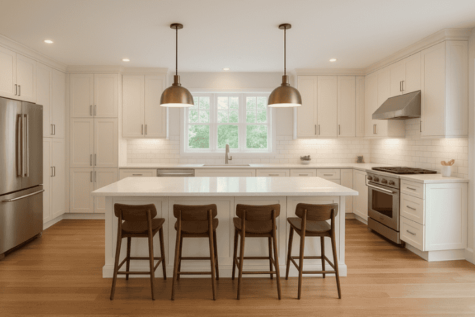 white kitchen with an island and bar stools