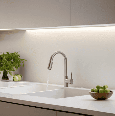 Solid surface kitchen sink and worktops in white.