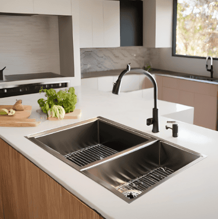 Stainless steel sink in a modern kitchen, with white worktops and light wood cabinets.