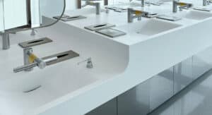 Close up of airport view restroom hanex solid surfaces