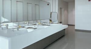 Upgraded vanities using hanex solid surfaces with large mirrors above each sink