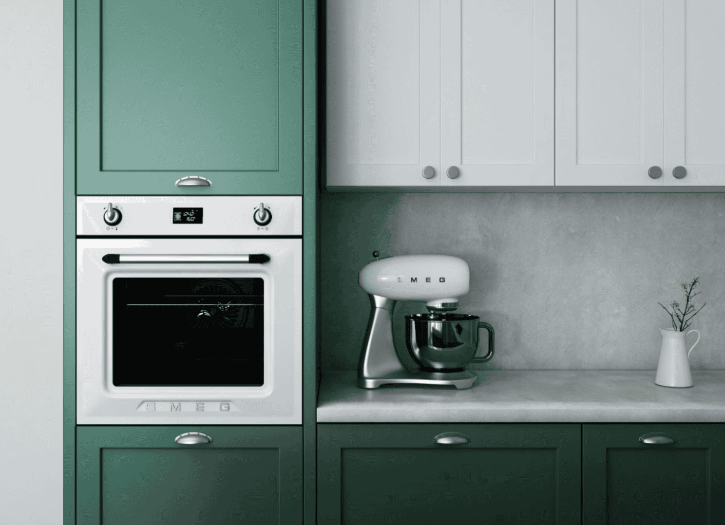 small kitchen with green cupboards and marble Hanex soild surfaces